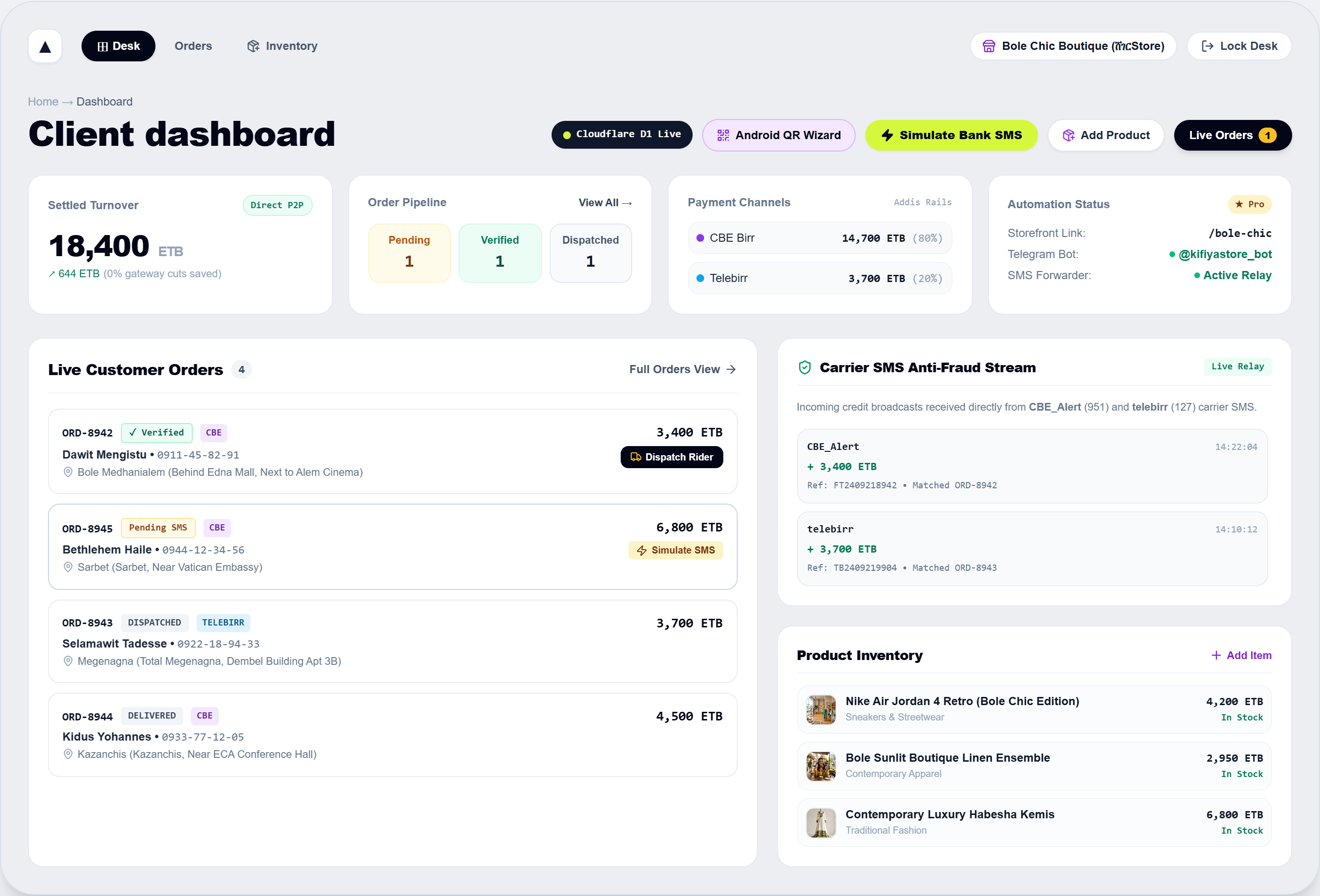 The KifiyaStore merchant desk: settled turnover in Ethiopian Birr, live customer orders with bank SMS verification, and the product inventory.